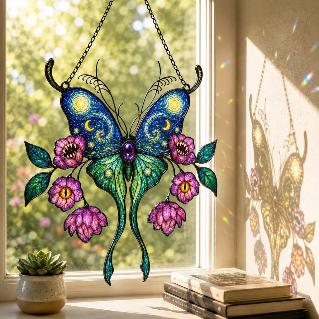 Starry Night Butterfly with Pink Lotus Blooms Holographic Acrylic Suncatcher