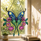 Starry Night Butterfly with Pink Lotus Blooms Holographic Acrylic Suncatcher