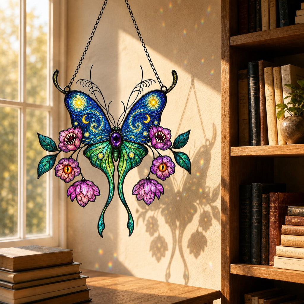 Starry Night Butterfly with Pink Lotus Blooms Holographic Acrylic Suncatcher