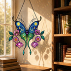 Starry Night Butterfly with Pink Lotus Blooms Holographic Acrylic Suncatcher