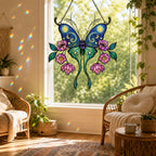 Starry Night Butterfly with Pink Lotus Blooms Holographic Acrylic Suncatcher