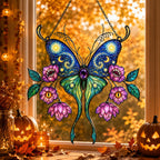 Starry Night Butterfly with Pink Lotus Blooms Holographic Acrylic Suncatcher