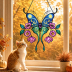 Starry Night Butterfly with Pink Lotus Blooms Holographic Acrylic Suncatcher