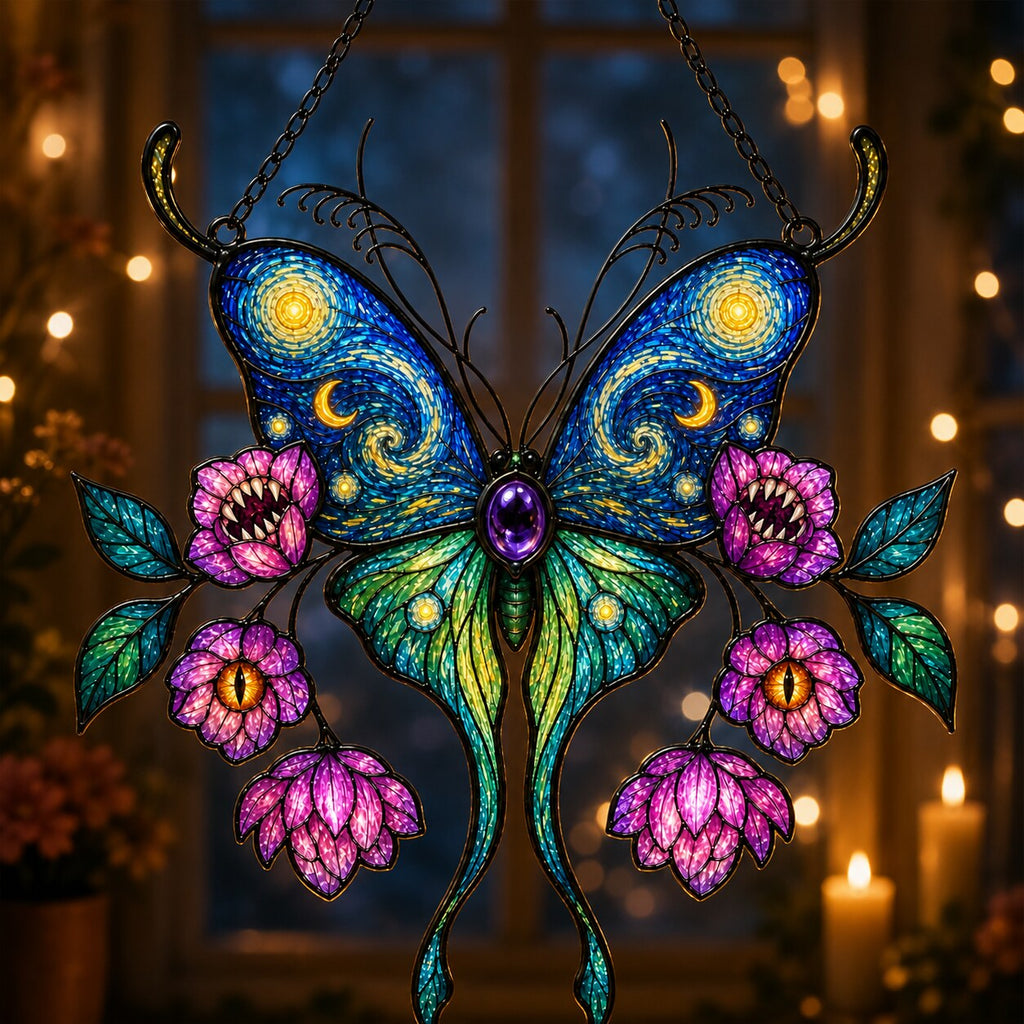 Starry Night Butterfly with Pink Lotus Blooms Holographic Acrylic Suncatcher