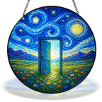 Starry Night doorway in wildflower meadow stained glass suncatcher with chain
