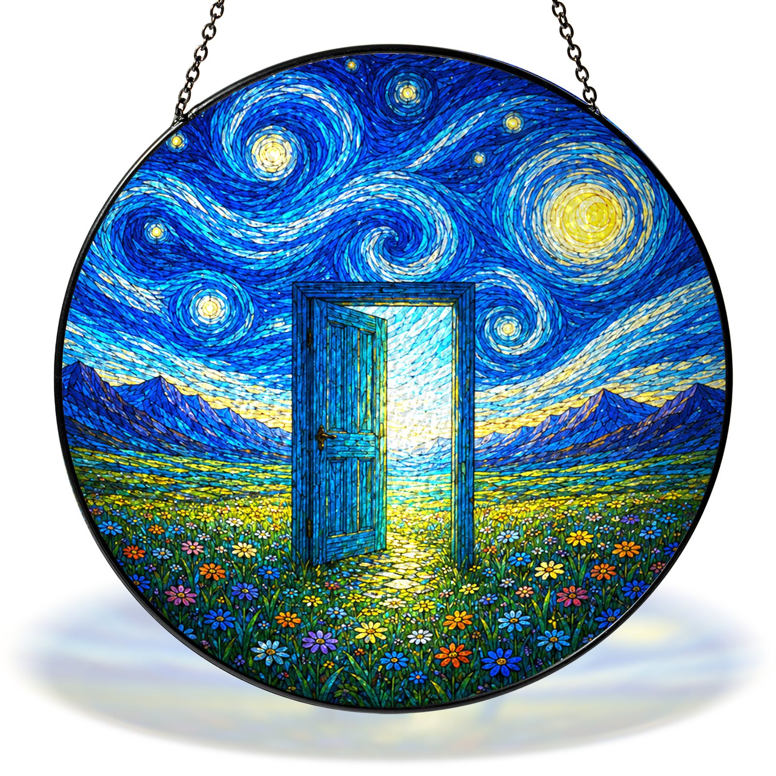 Starry Night doorway in wildflower meadow stained glass suncatcher with chain