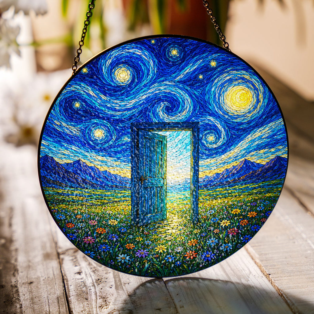Starry Night doorway suncatcher on a wooden table in sunlight