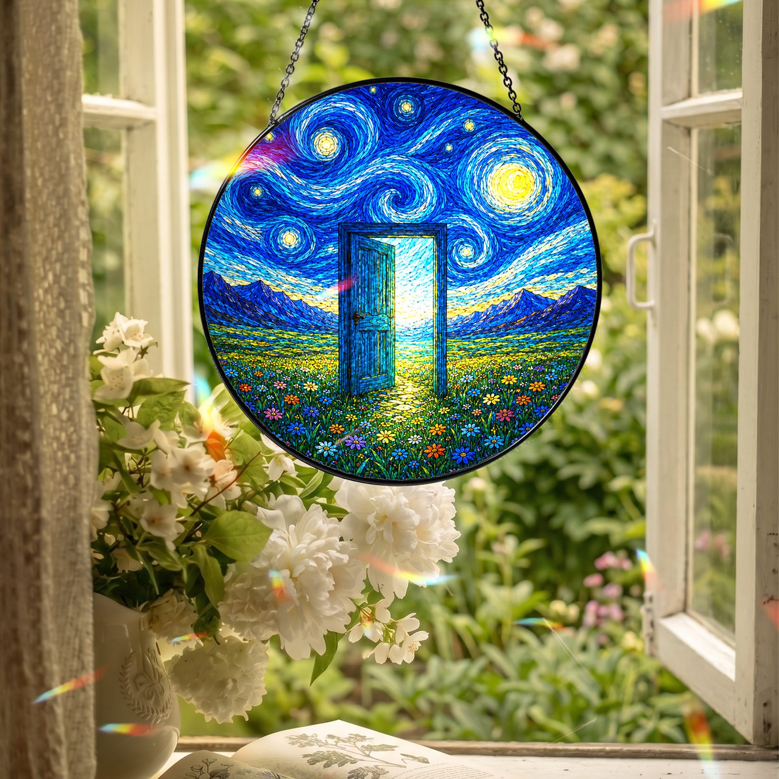 Starry Night doorway suncatcher hanging in an open window