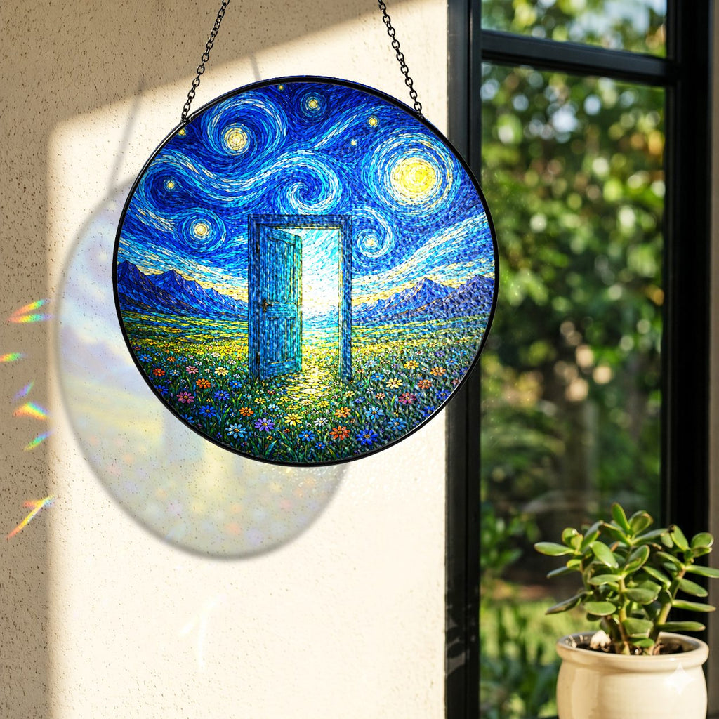 Rainbow light cast by the Starry Night doorway suncatcher