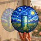 Hand holding the Starry Night doorway suncatcher at a window