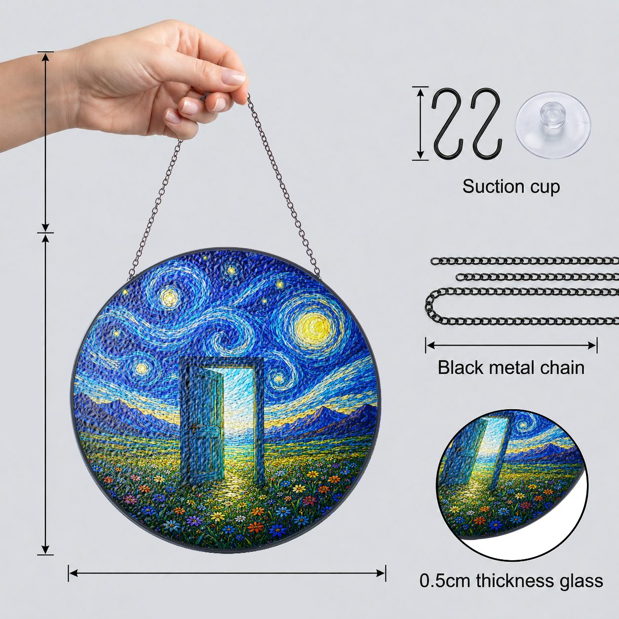 Suncatcher dimensions with chain suction cup and 0.5 cm glass