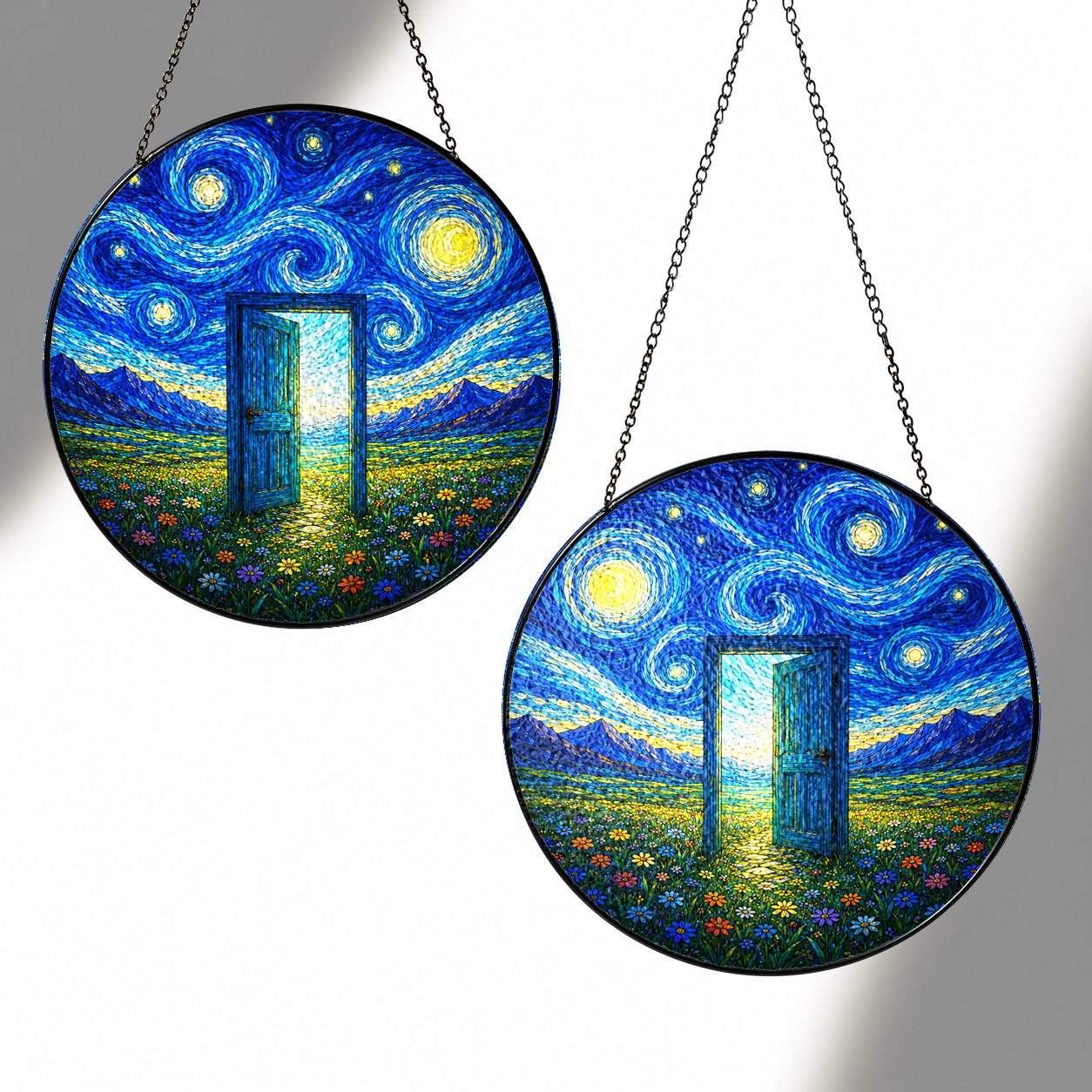 Two sizes of the Starry Night doorway suncatcher side by side