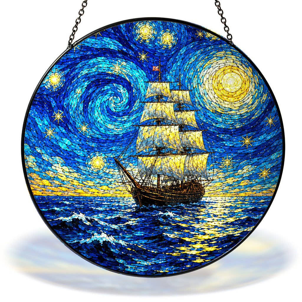 Starry Night tall ship at sea stained glass suncatcher with chain
