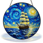 Starry Night tall ship at sea stained glass suncatcher with chain