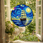 Starry Night tall ship suncatcher hanging in an open window
