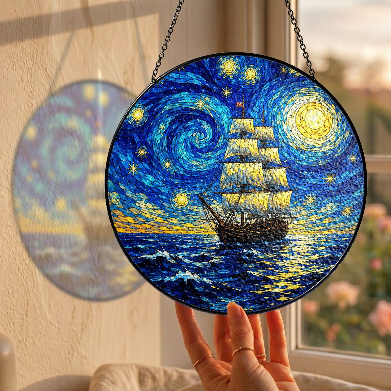 Hand holding the Starry Night tall ship suncatcher at a window