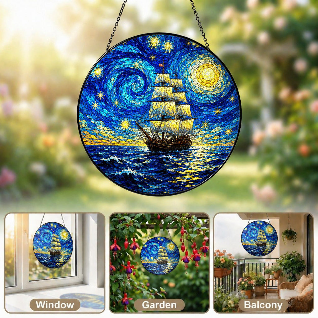 Starry Night tall ship suncatcher in window garden and balcony settings