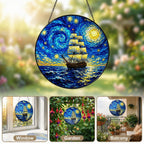 Starry Night tall ship suncatcher in window garden and balcony settings
