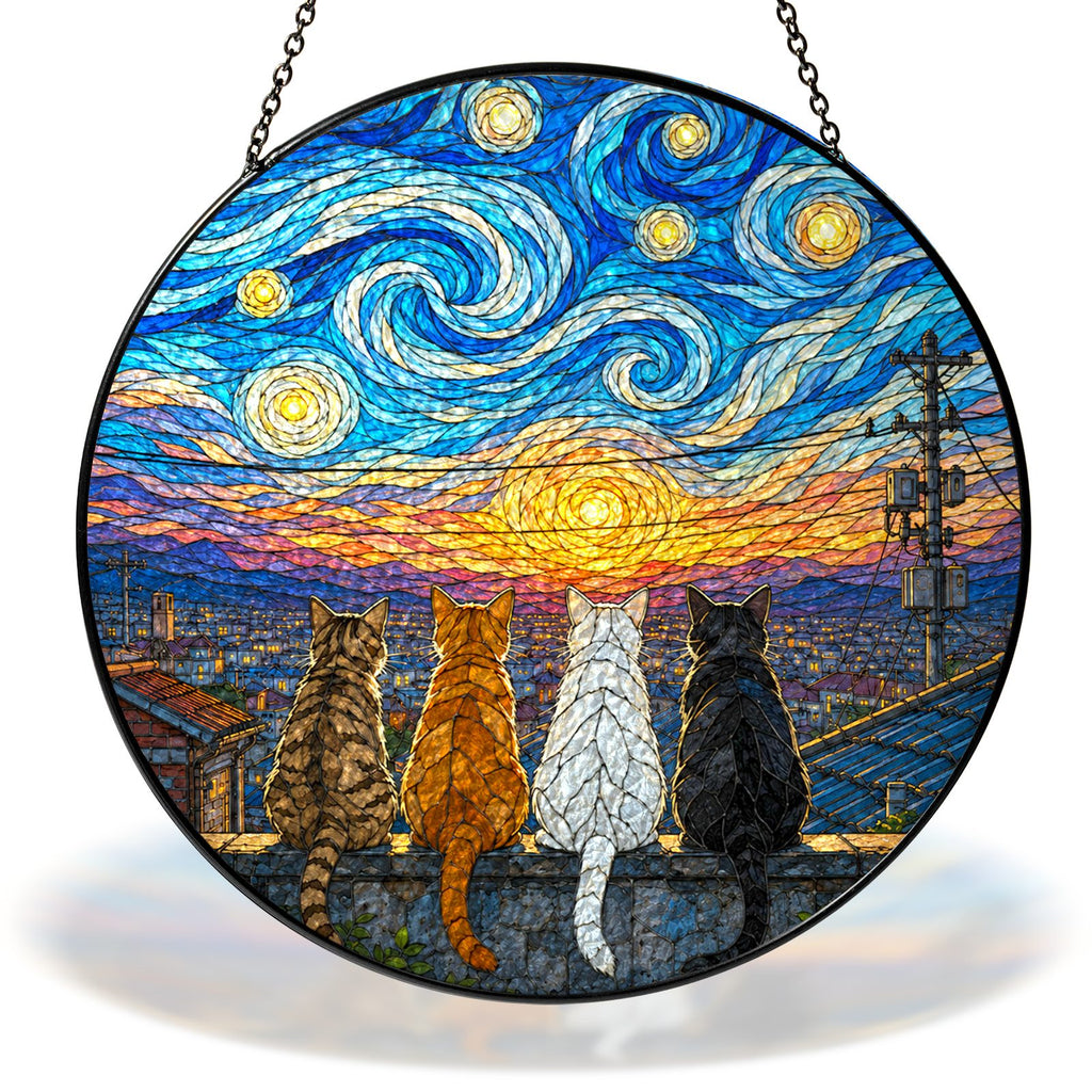 Starry Night four cats on a rooftop stained glass suncatcher with chain