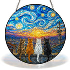 Starry Night four cats on a rooftop stained glass suncatcher with chain