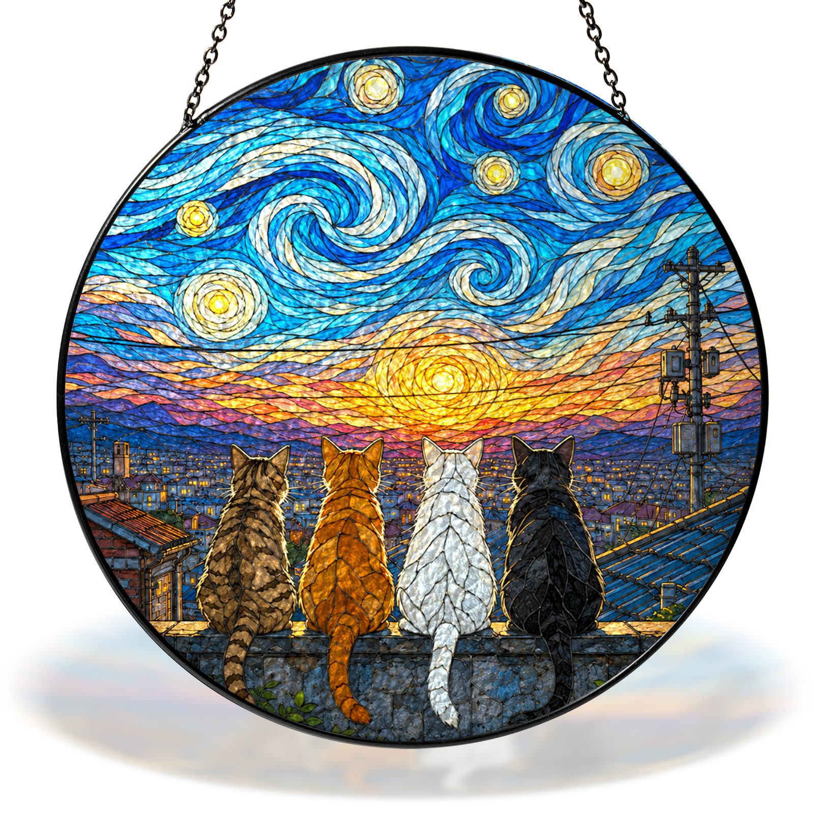 Starry Night four cats on a rooftop stained glass suncatcher with chain