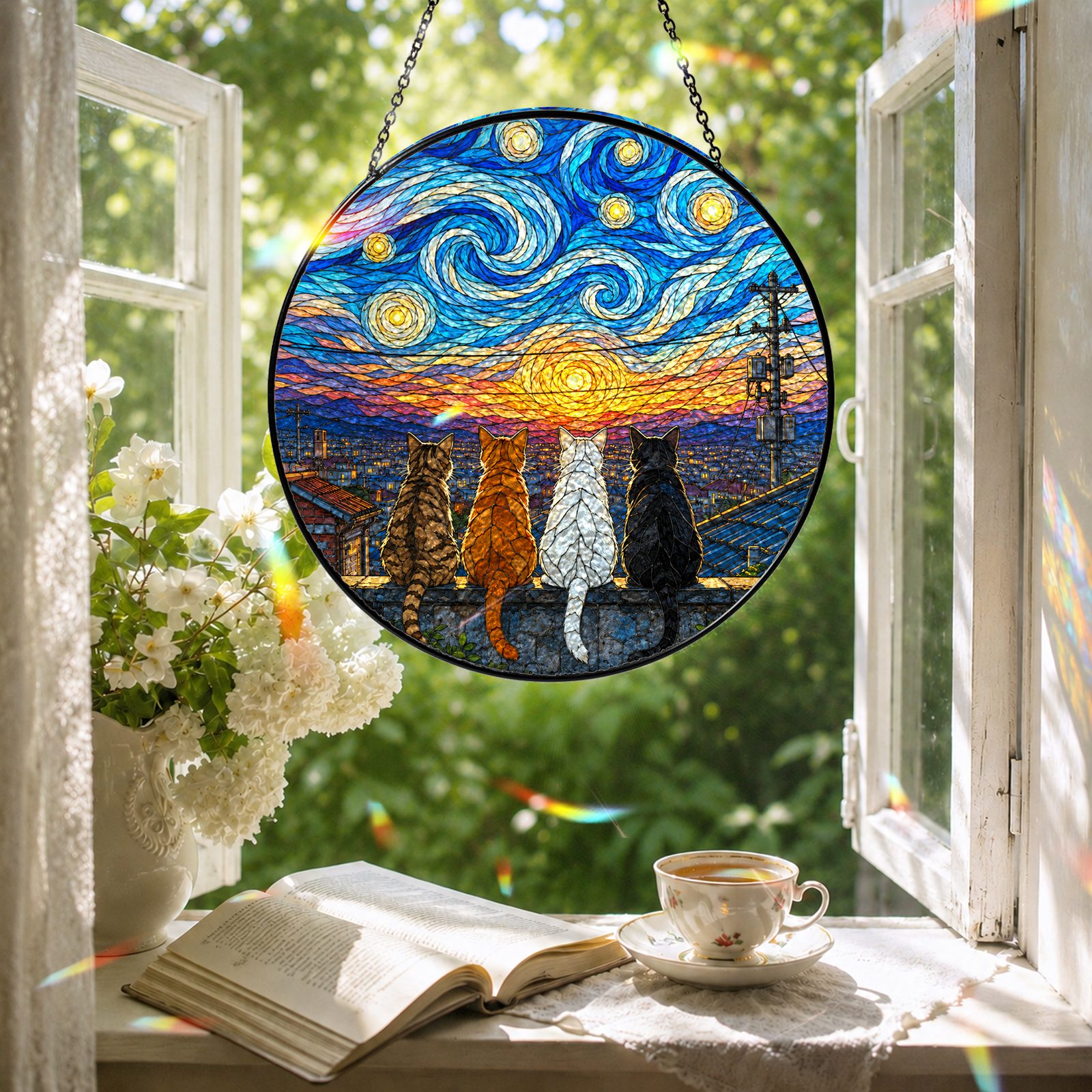 Four cats suncatcher in a reading nook window
