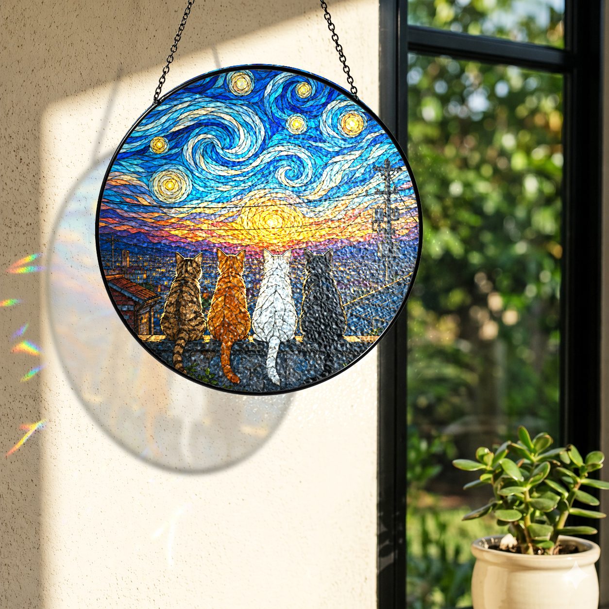 Rainbow light cast by the four cats stained glass suncatcher