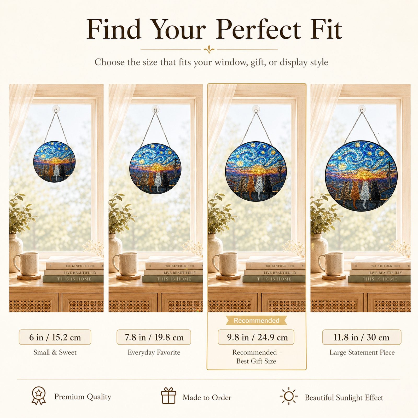 Size guide for the four cats stained glass suncatcher