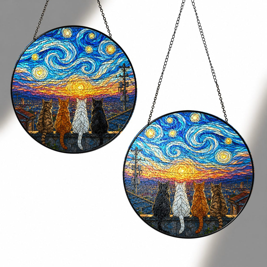 Two sizes of the four cats suncatcher side by side