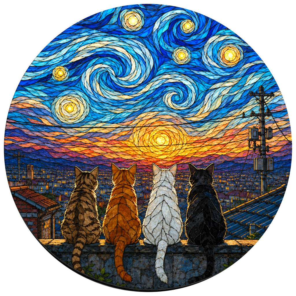 Full artwork of four cats watching the sunset under a starry sky