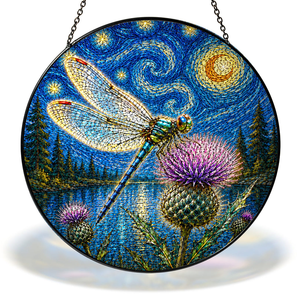 Starry Night dragonfly with thistles stained glass suncatcher with chain