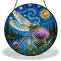 Starry Night dragonfly with thistles stained glass suncatcher with chain