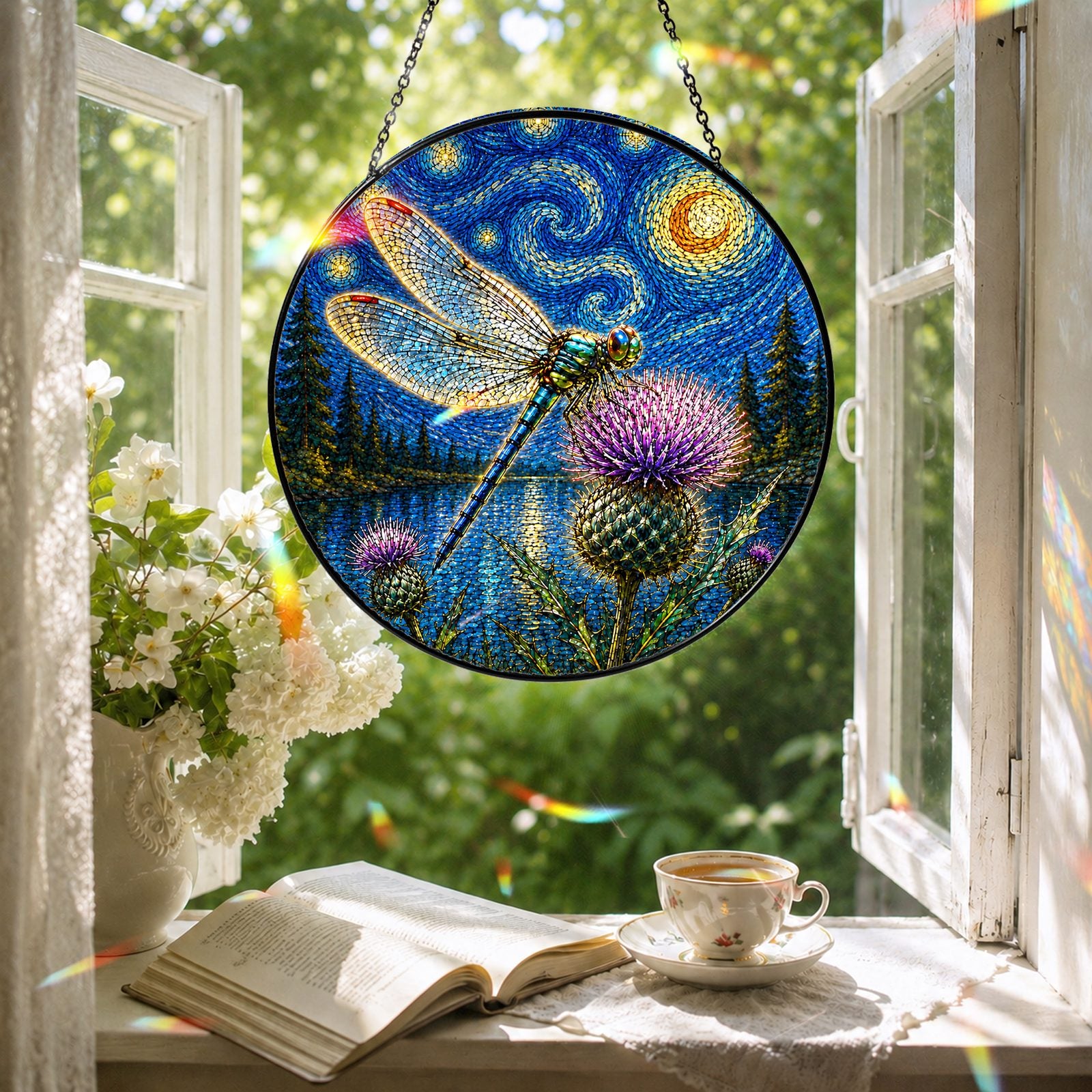 Dragonfly suncatcher in a reading nook window