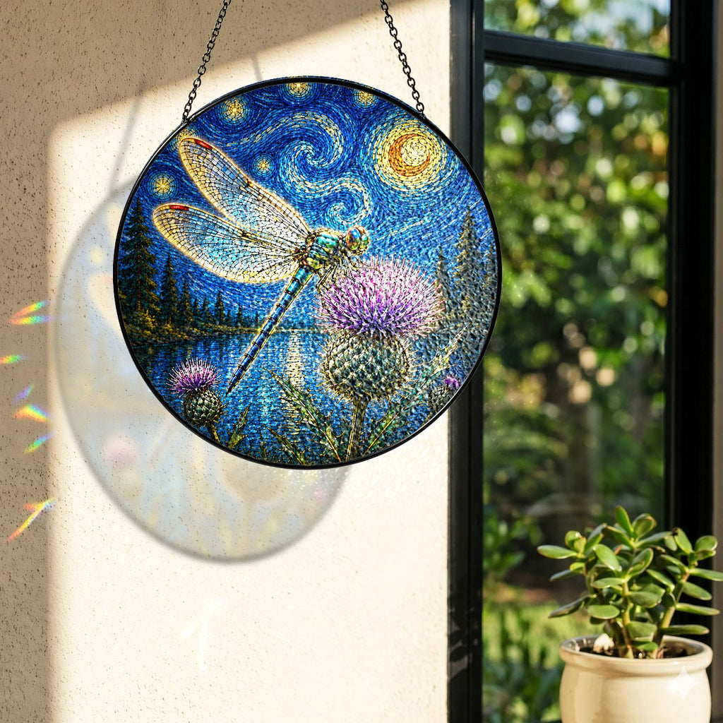 Rainbow light cast by the dragonfly stained glass suncatcher