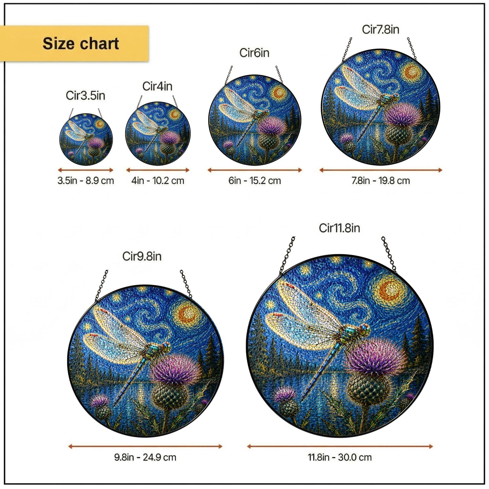 Size chart 6 in 7.8 in 9.8 in 11.8 in suncatcher