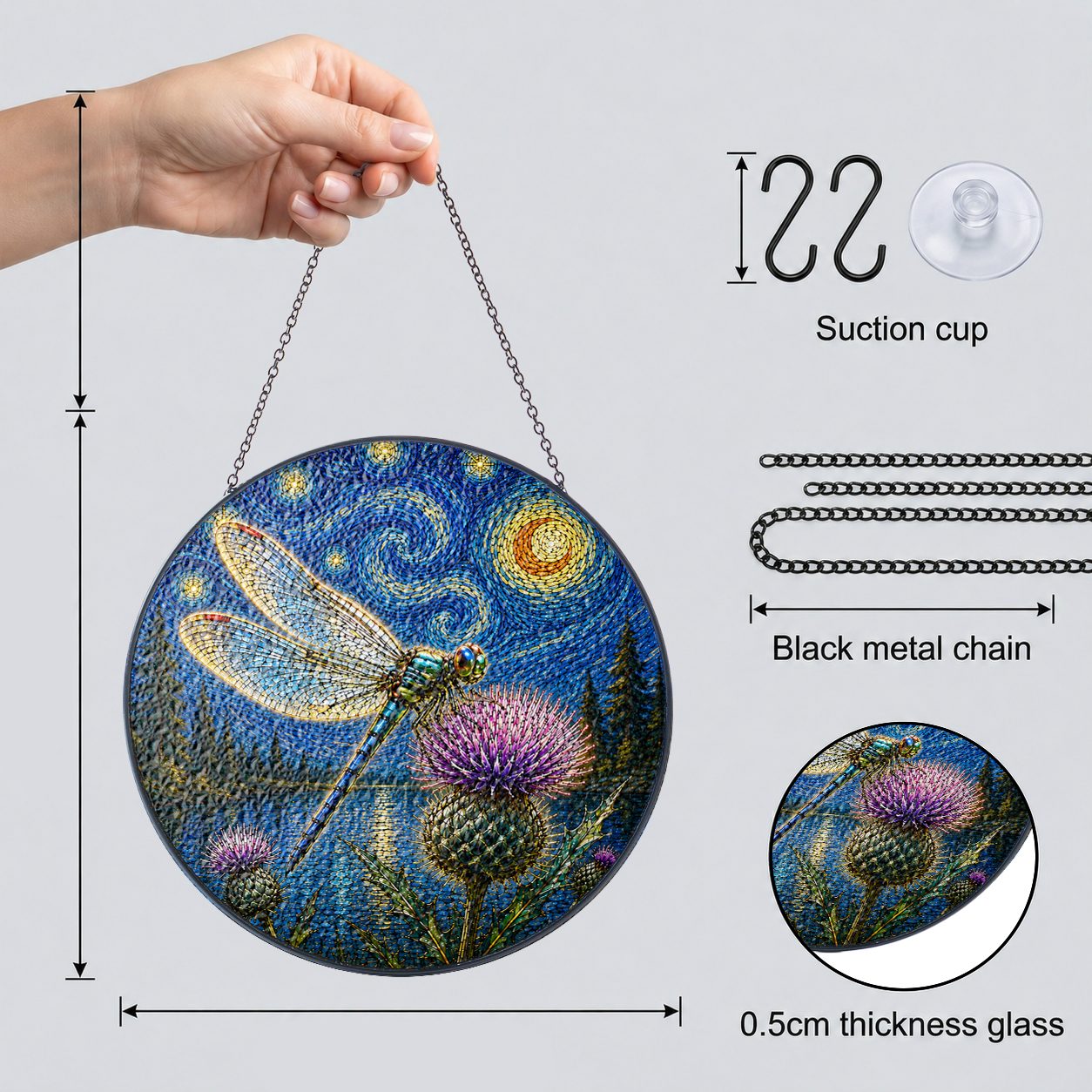 Suncatcher dimensions with chain suction cup and 0.5 cm glass