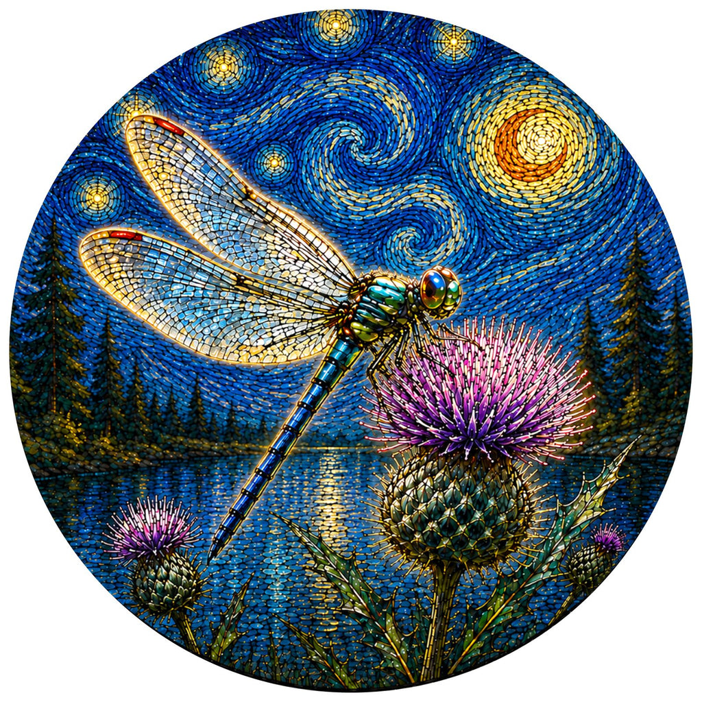 Full artwork of a dragonfly above thistles under a starry sky