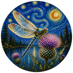 Full artwork of a dragonfly above thistles under a starry sky