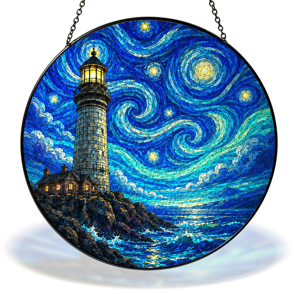 Starry Night lighthouse on the cliffs stained glass suncatcher with chain