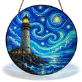 Starry Night lighthouse on the cliffs stained glass suncatcher with chain