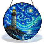 Starry Night lighthouse on the cliffs stained glass suncatcher with chain