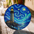 Lighthouse suncatcher on a wooden table in sunlight