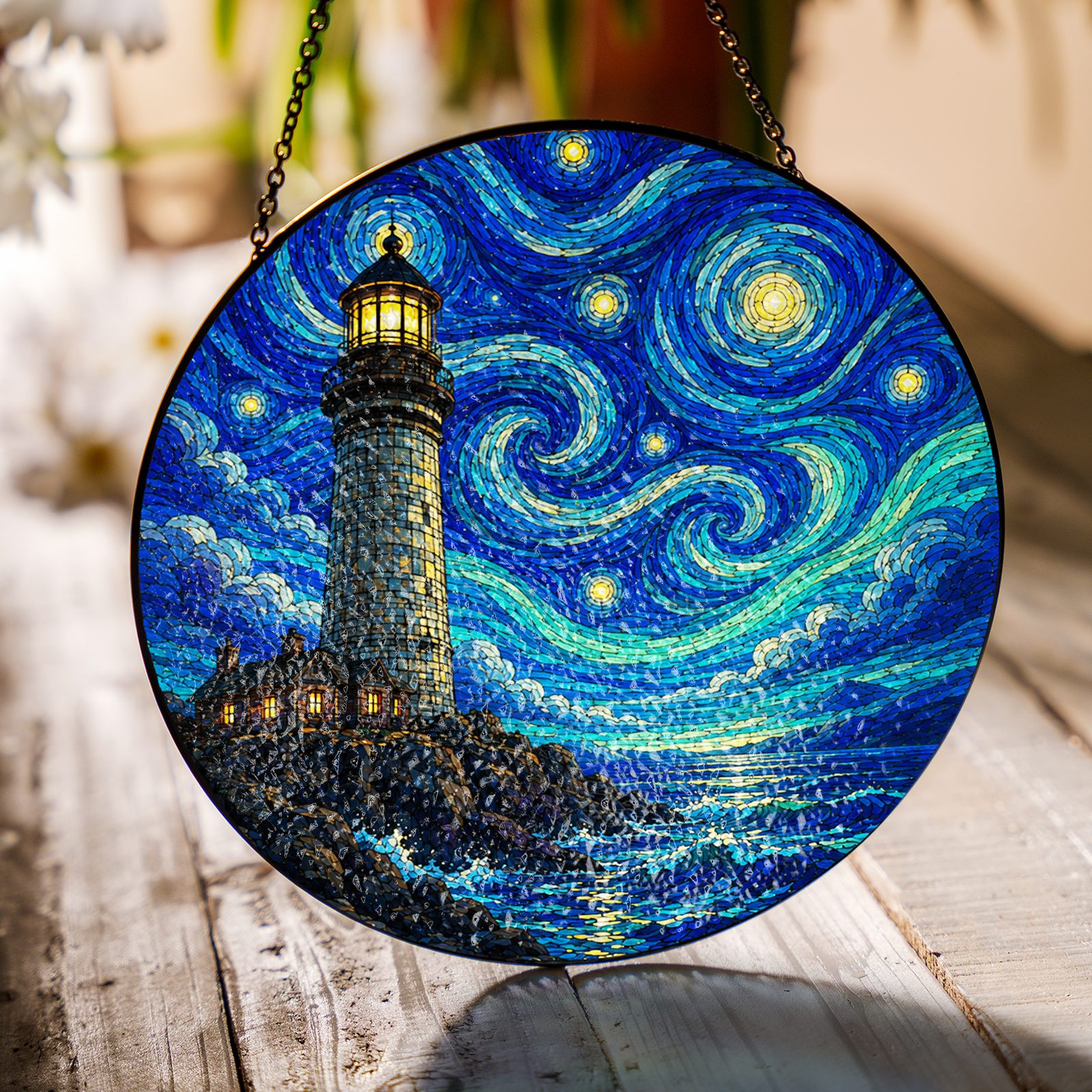 Lighthouse suncatcher on a wooden table in sunlight