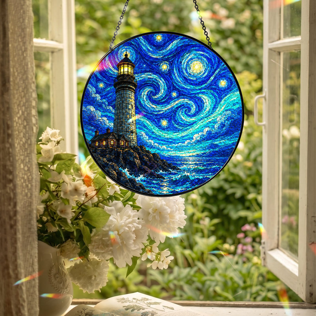 Lighthouse suncatcher hanging in an open window