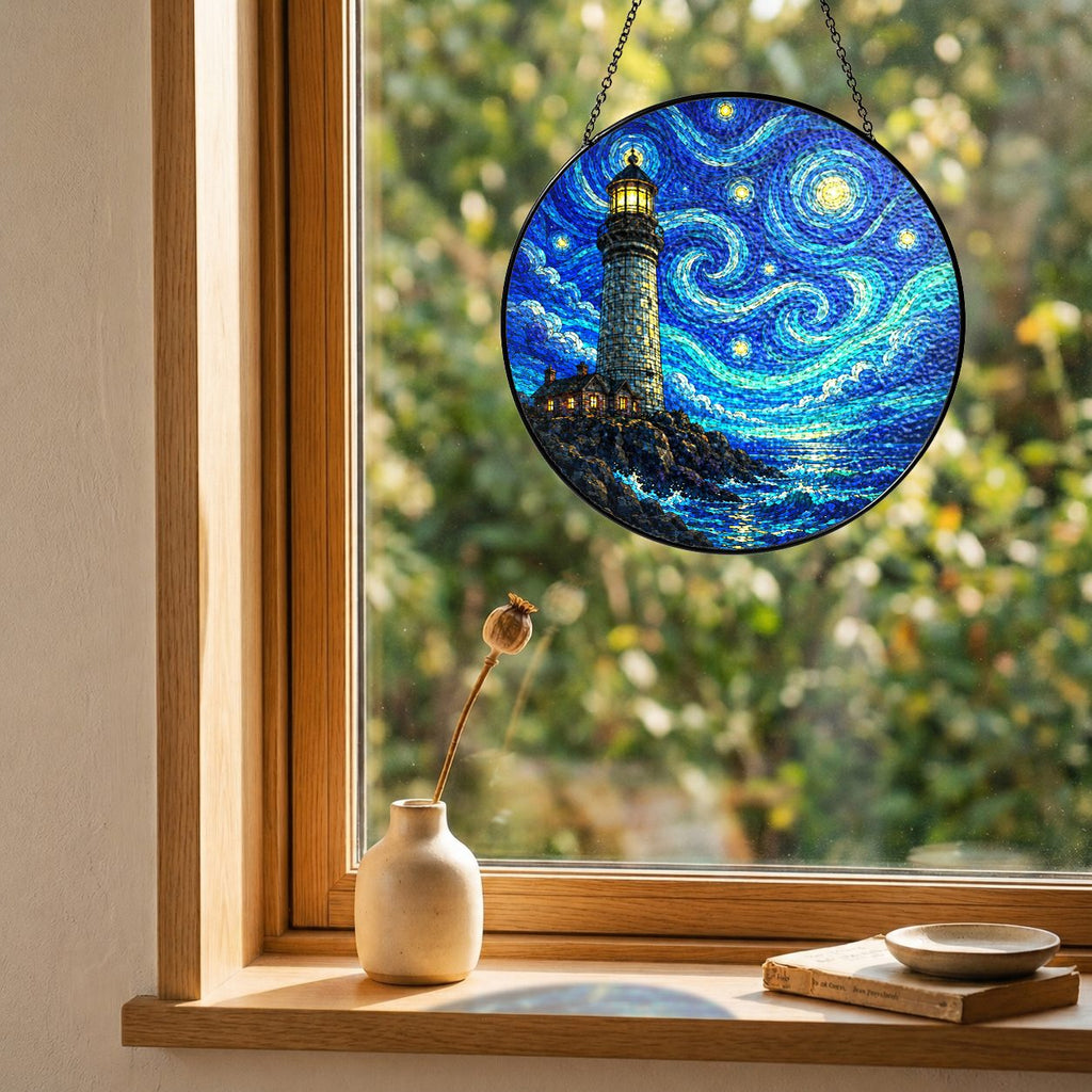 Lighthouse suncatcher on a windowsill