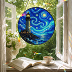 Lighthouse suncatcher in a reading nook window