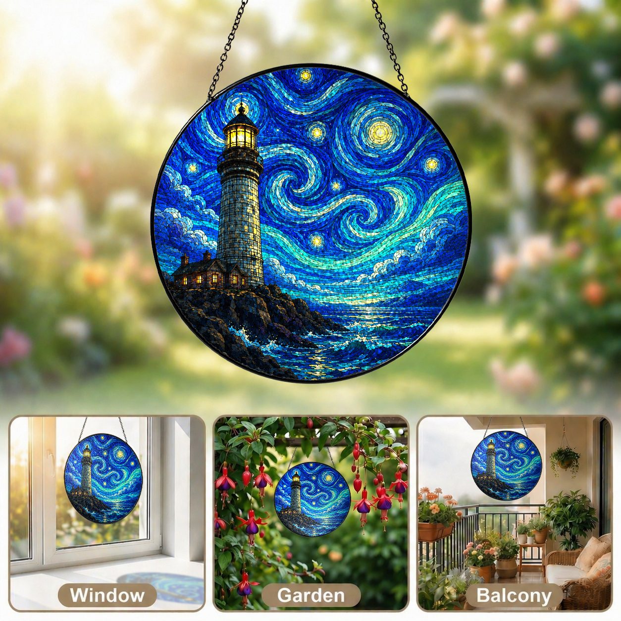 Lighthouse suncatcher in window garden and balcony settings