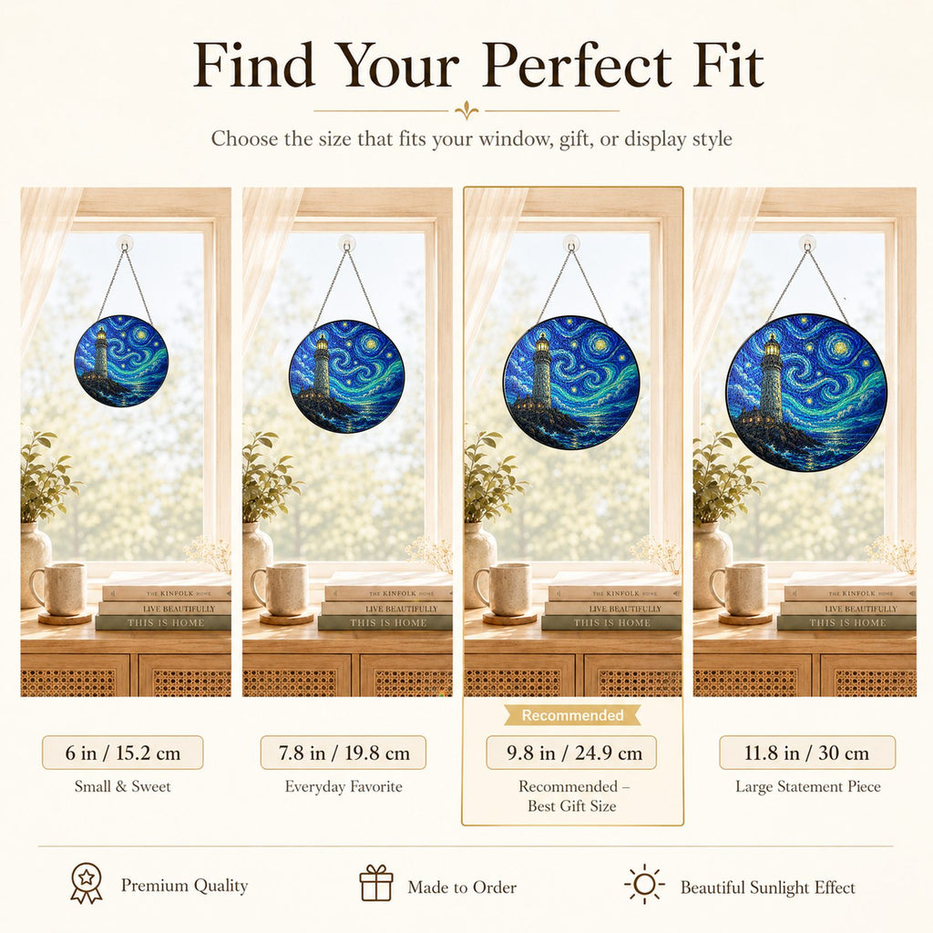 Size guide for the lighthouse stained glass suncatcher