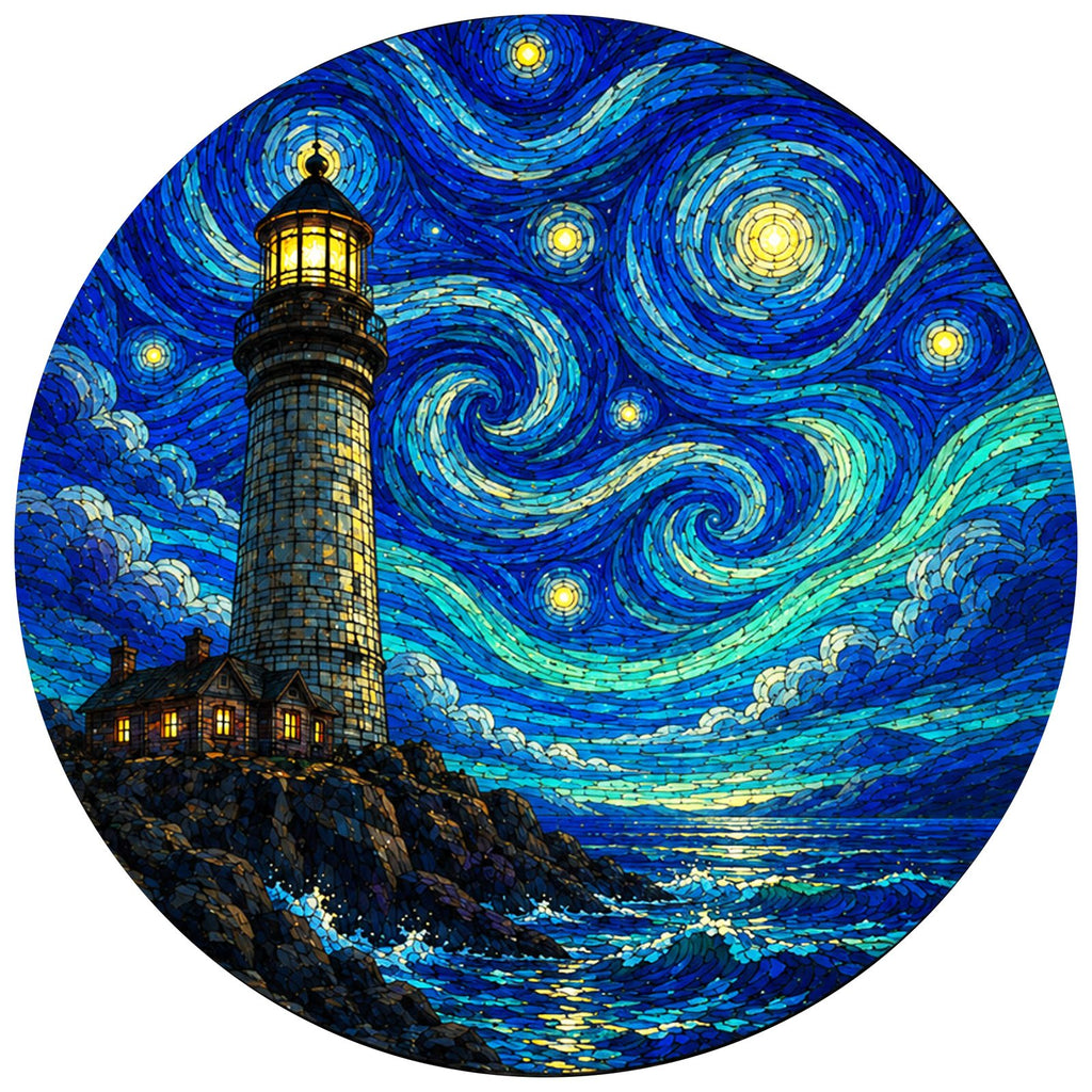Full artwork of a lighthouse under a swirling starry sky