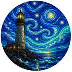 Full artwork of a lighthouse under a swirling starry sky